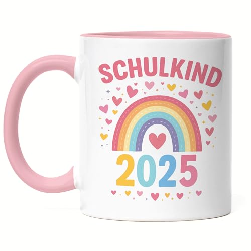 Hey!Print Schulkind 2025 Regenbogen Motiv Tasse Rosa Geschenk Einschulung Herz buntes Motiv Mädchen Schulanfang von Hey!Print