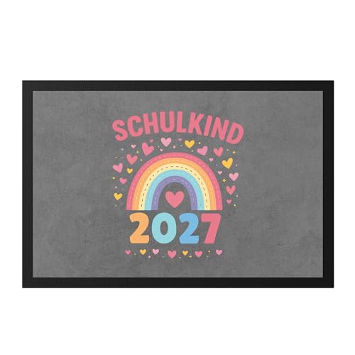 Hey!Print Schulkind 2027 Regenbogen Motiv Fußmatte Geschenk Einschulung Herz bunt Willkommen Erstklässler 2027 von Hey!Print