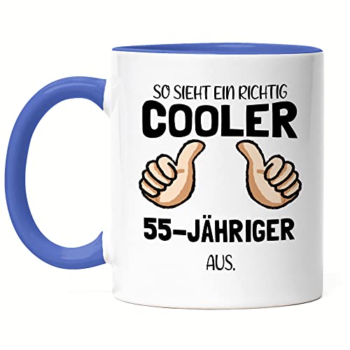 Hey!Print So Sieht Ein Cooler 55-Jähriger Aus Tasse Blau Daumen Hoch Humorvolle Geschenkidee Runder 55. Geburtstag von Hey!Print