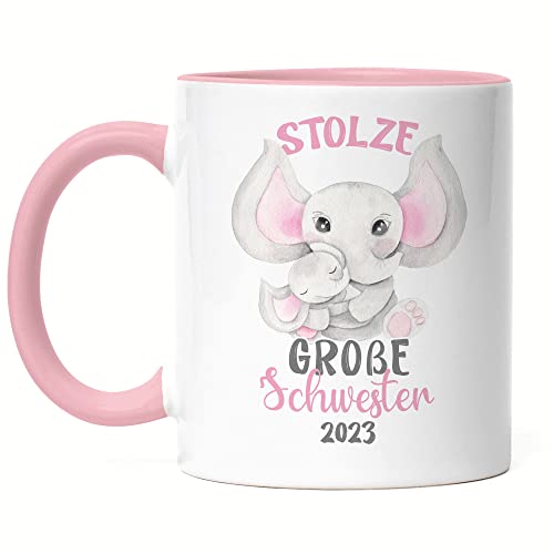 Hey!Print Stolze Große Schwester 2023 Tasse Rosa Elefanten Liebe Familie Schwesternliebe Zusammenhalt Geschwister Geborgenheit von Hey!Print