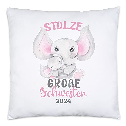 Hey!Print Stolze Große Schwester 2024 Kissen Elefanten Liebe Familie Schwestern Zusammenhalt Geschwister Geborgenheit von Hey!Print