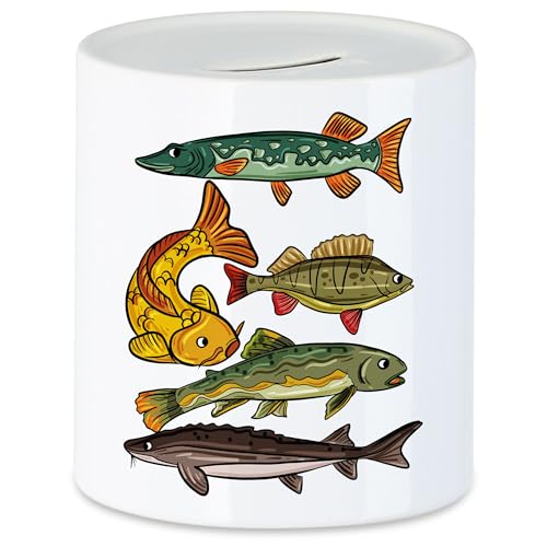 Hey!Print Süßwasserfische Spardose Angler Geschenkidee Hecht Forelle Karpfen Stöer Barsch von Hey!Print