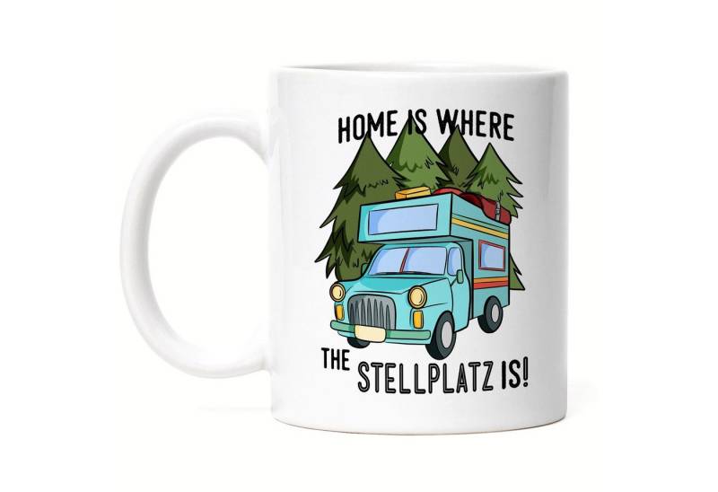 Hey!Print Tasse Camping Tasse mit Spruch Home is where the Stellplatz is Geschenk von Hey!Print