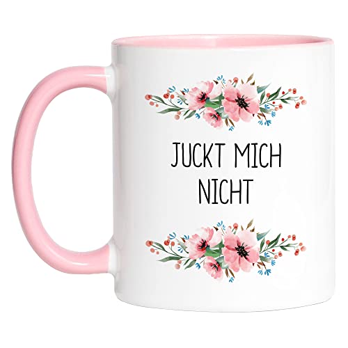 Hey!Print Tasse Rosa mit Spruch Juckt mich nicht lustig sarkastisch humorvoll Kaffeetasse mit Blumen Motiv Geschenk von Hey!Print