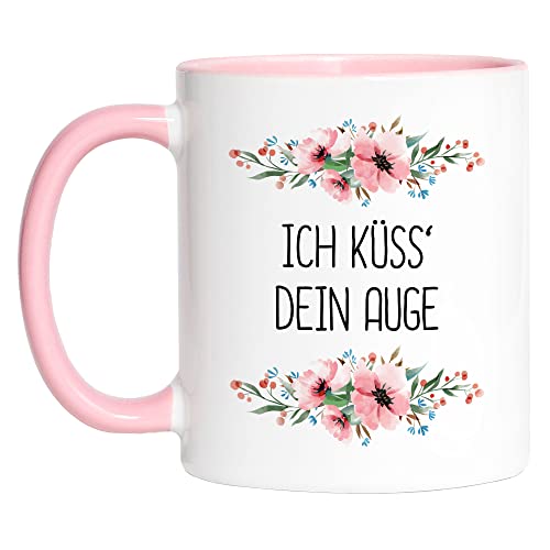 Hey!Print Tasse Rosa mit Spruch Küsse dein Auge lustig sarkastisch humorvoll Kaffeetasse mit Blumen Motiv Geschenk von Hey!Print