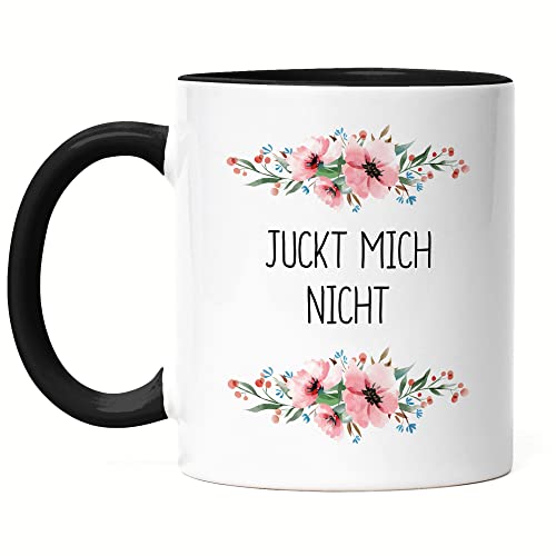Hey!Print Tasse Schwarz mit Spruch Juckt mich nicht lustig sarkastisch humorvoll Kaffeetasse mit Blumen Motiv Geschenk von Hey!Print