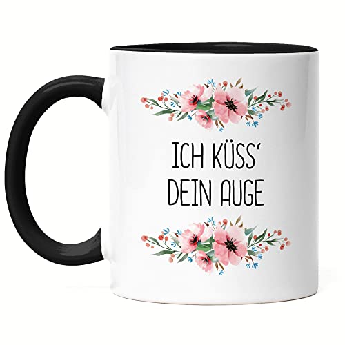 Hey!Print Tasse Schwarz mit Spruch Küsse dein Auge lustig sarkastisch humorvoll Kaffeetasse mit Blumen Motiv Geschenk von Hey!Print