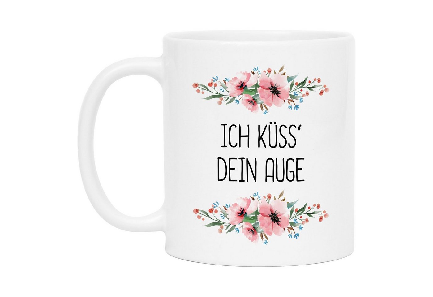 Hey!Print Tasse Tasse Schwarz mit Spruch Küsse dein Auge lustig sarkastisch humorvoll Kaffeetasse mit Blumen Motiv Geschenk, Keramik von Hey!Print
