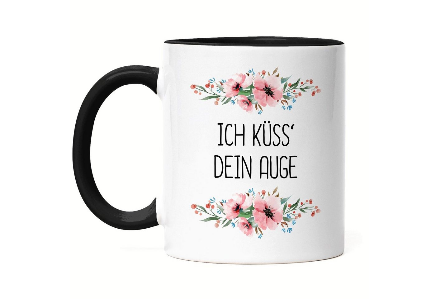 Hey!Print Tasse Tasse Schwarz mit Spruch Küsse dein Auge lustig sarkastisch humorvoll Kaffeetasse mit Blumen Motiv Geschenk, Keramik von Hey!Print