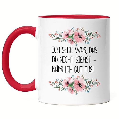 Hey!Print Tasse mit Spruch Ich sehe was das du nicht siehst Tasse Rot lustig sarkastisch humorvoll Blumen Motiv Geschenk von Hey!Print