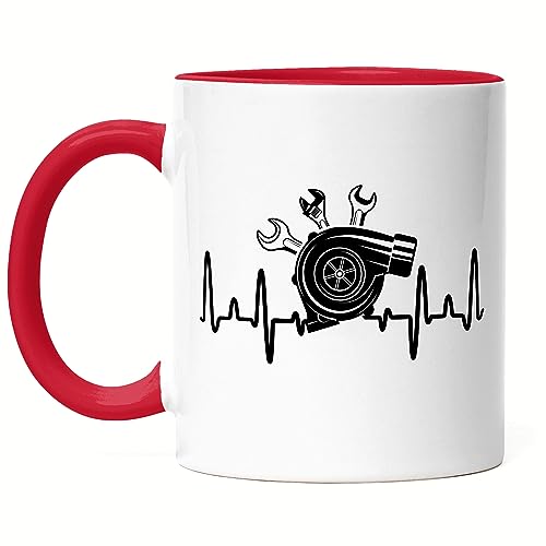 Hey!Print Turbolader Tasse Rot Autofans Benzin Im Blut Autonarr Liebhaber Autofreak Geschenkidee Schrauber von Hey!Print