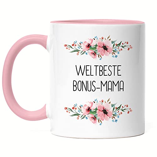 Hey!Print Weltbeste Bonus-Mama Tasse Rosa Mutterliebe Blumenmotiv Geschenkidee Muttertag Geburtstag von Hey!Print