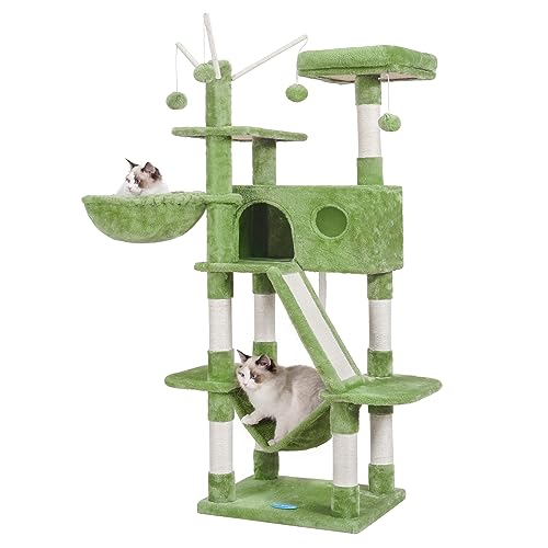 Hey-brother Katzenbaum, 155 cm Katzenturm für Indoor-Katzen, Katzenhaus mit gepolstertem Plattformbett, Spielzeugbällen, großer, gemütlicher Wohnung, Hängematten und Sisal-Kratzstämmen, Grün MPJ019GR von Hey-brother