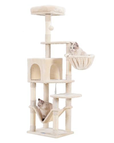 Hey-brother Kratzbaum, 154 cm Stabil Katzenbaum, Katzenkratzbaum mit Sisalseil, Hängematte, Korb, Haus and Plattform, Beige EMPJ050M Hey-brother Kratzbaum, 154 cm Stabil Katzenbaum, Katzenkratzbaum mit Sisalseil, Hängematte, Korb, Haus and Plattform, Beige EMPJ050M von Hey-brother