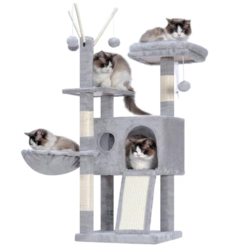 Hey-Brother Kratzbaum, 105 cm Klein stabil Katzenbaum mit abnehmbaren Spielzeugen, Höhle, 1 Plattform, 1 Katzenkorb, Sisalkratzplatte und Plüschkugel, geeignet für Kätzchen, Hellgrau EMPJ008SW von Hey-brother