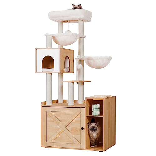 Hey-brother Kratzbaum mit Katzenklo, moderner Katzenturm für Wohnungskatzen mit großer Plattform, Futterstation und 2 Hängematten, All-in-one Katzenmöbel, Holz Nussbaum EMPJ115WB von Hey-brother