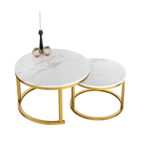 HeyHeaven® Couchtisch rund Marmor 2er Set – Runder Couch Tisch in Weiss Marmor Optik mit Golg Metallgestell – Moderner Tisch für Wohnzimmer, Schlafzimmer & Balkon, Ø70/Ø50cm von HeyHeaven