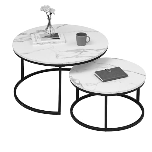 Home Heaven® Couchtisch rund Marmor 2er Set – Runder Couch Tisch in Weiss Marmor Optik mit Schwarze Metallgestell – Moderner Tisch für Wohnzimmer, Schlafzimmer & Balkon, Ø70/Ø50cm von HeyHeaven