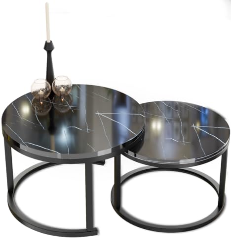 Home Heaven® Couchtisch Rund Schwarz Marmor 2er Set – Runder Wohnzimmertische in Marmor Optik Ø70cm Ø50cm von HeyHeaven