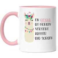Alpaka Am Morgen Vertreibt Kummer Und Sorgen Tasse Rosa Süßes Motiv Geschenkidee Alpaka-Fans von HeyPrintDesigns