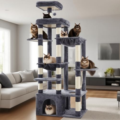 Heybly Kratzbaum, 180 cm hoher Katzenturm für große Maine-Coon-Katzen mit extra großer Bodenleiste, Katzenhaus-Möbel mit mehrstöckigen Plattformen, 2 Hängematten und 12 Kratzstämmen, rauchgrau HCT037G von Heybly