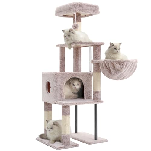 Heybly Kratzbaum, 125 cm Kleiner Katzenbaum, Geräumiges und Bequemes Kratzbaum mit Höhle, Oben Sitzstange, Sprungplattform, Kratzsäule, Korb, Stabile Metallrohre, Braun-beige HCT200SMU von Heybly