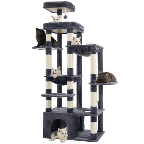 Heybly Kratzbaum, 180 cm Kratzbaum Groß mit extrem Stabiler Basis, XL-Plattform, großes Katzenhaus, 2 Hängematten, mehrstöckige Katzenmöbel für Maine Coon und andere Großkatzen, Rauchgrau HCT037G von Heybly