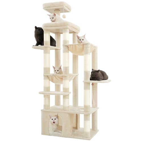 Heybly Kratzbaum, 180 cm Kratzbaum Groß mit extrem Stabiler Basis, XL-Plattform, großes Katzenhaus, 2 Hängematten, mehrstöckige Katzenmöbel für Maine Coon und andere Großkatzen, Beige HCT037M von Heybly