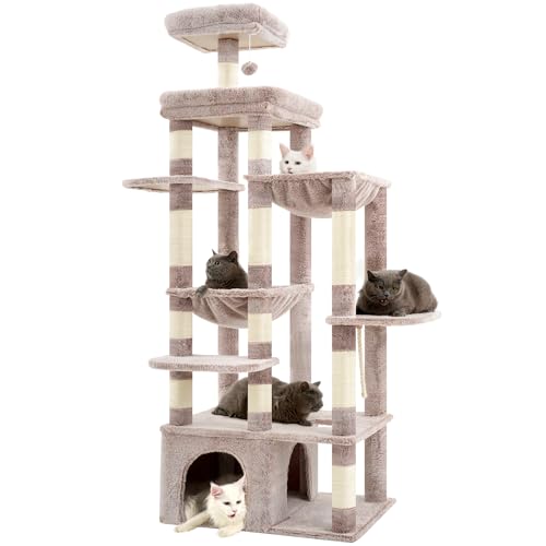 Heybly Kratzbaum, 180 cm Kratzbaum Groß mit extrem Stabiler Basis, XL-Plattform, großes Katzenhaus, 2 Hängematten, mehrstöckige Katzenmöbel für Maine Coon und andere Großkatzen, Braun-beige HCT037MU von Heybly
