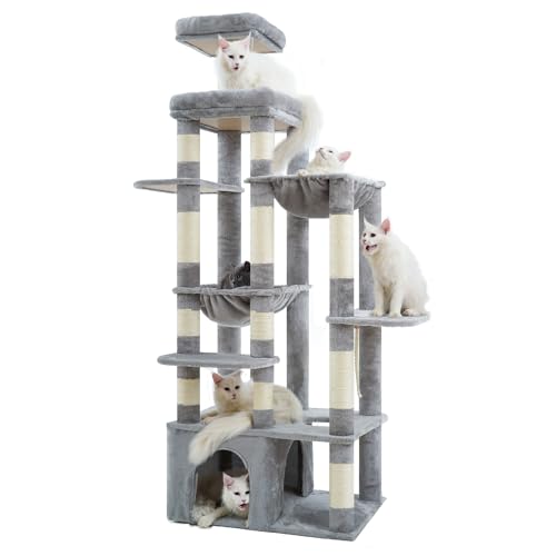 Heybly Kratzbaum, 180 cm Kratzbaum Groß mit extrem Stabiler Basis, XL-Plattform, großes Katzenhaus, 2 Hängematten, mehrstöckige Katzenmöbel für Maine Coon und andere Großkatzen, Hellgrau HCT037W von Heybly