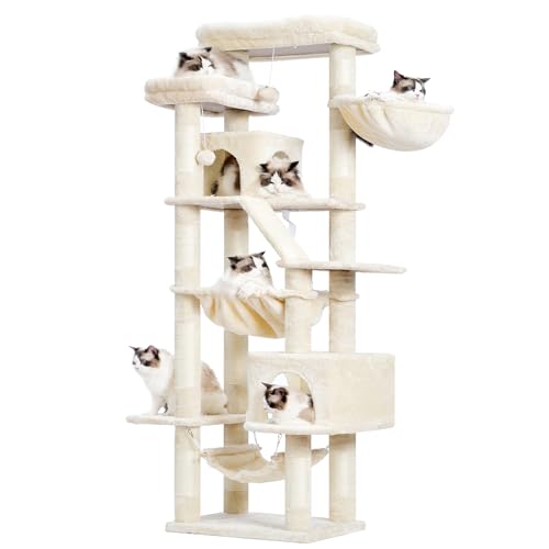 Heybly Kratzbaum, 180 cm Hoher Katzenturm für Wohnungskatzen mit 2 Plattformen, 2 Großen Schlafhäusern, 2 Hängematten, Korb und Kratzbrett, Großes Katzenmöbel mit Schlafplatz, Beige HCT034M Heybly Kratzbaum, 180 cm Hoher Katzenturm für Wohnungskatzen mit 2 Plattformen, 2 Großen Schlafhäusern, 2 Hängematten, Korb und Kratzbrett, Großes Katzenmöbel mit Schlafplatz, Beige HCT034M von Heybly