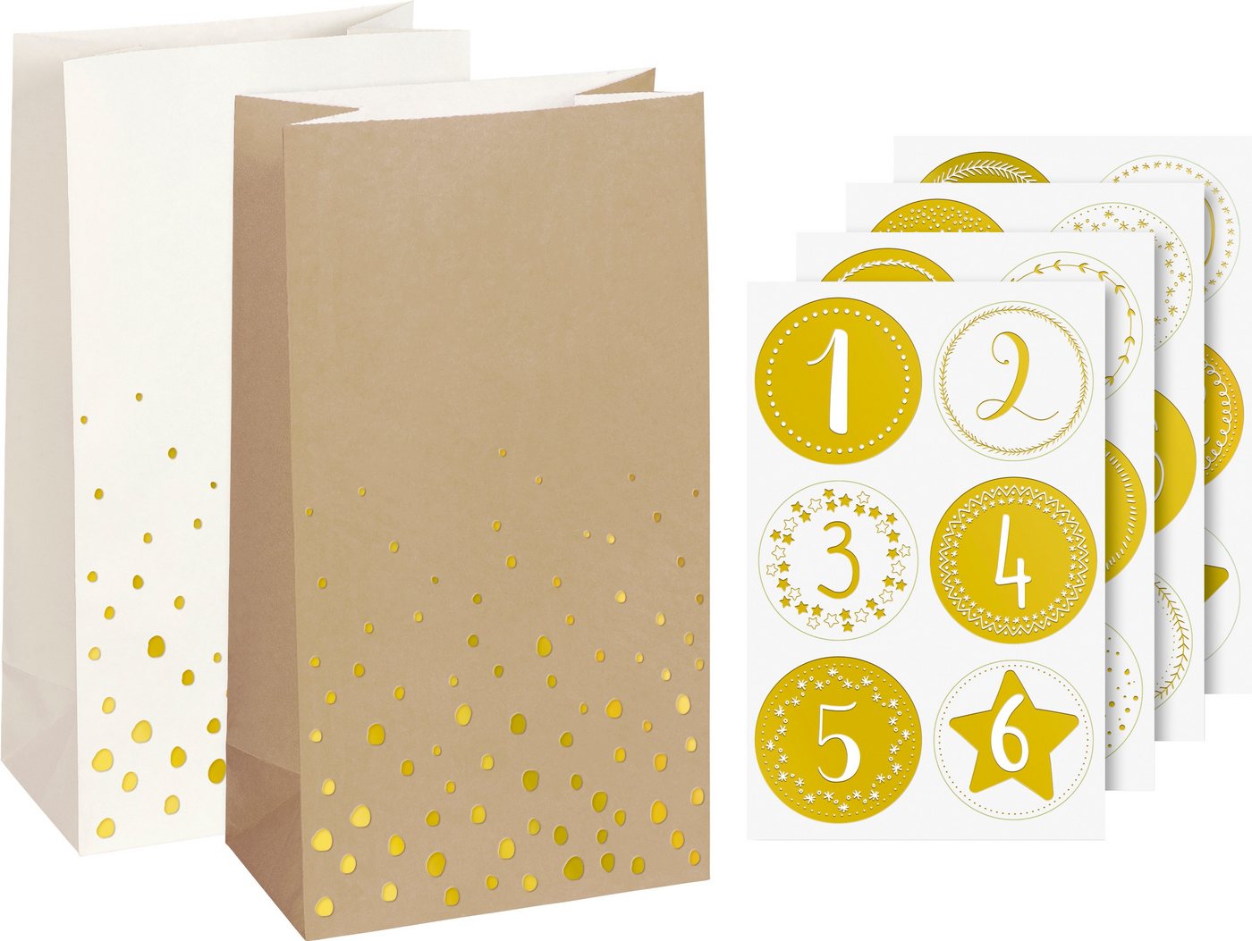 Heyda Kalender zum Selbstbasteln Goldene Punkte, 24 Tüten + 4 Bogen Zahlen-Sticker von Heyda