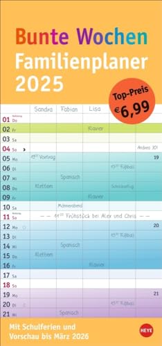 Bunte Wochen Familienplaner 2025: Praktischer Wandplaner mit 5 Spalten. Familien Wandkalender mit Schulferien und 3-Monats-Ausblick. Terminkalender 2025. (Bunte Wochen Planer Heye) von Heye