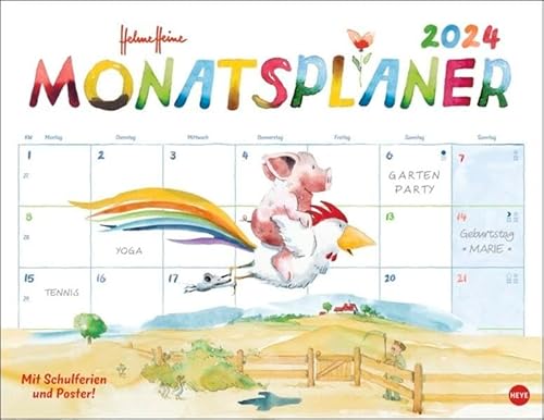 Helme Heine Monatsplaner 2024. Liebevoll illustrierter Wandkalender von Helme Heine mit den drei Freunden. Termin-Kalender 2024 zum Eintragen. 44 x 34 cm. Querformat. (Helme Heine Kalender) von Heye