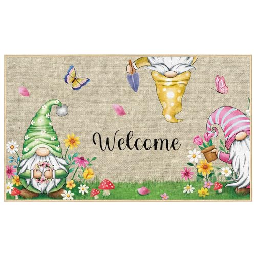 Heyfibro Fußmatte mit Aufschrift "Welcome Spring", rutschfest, lustig, Zwerge, Eingangsmatten für Frühling, Sommer, Blumen-Schmetterling, 73,2 x 43,2 cm, Gummi, Küche, Fußmatte für Urlaub, saisonale von Heyfibro