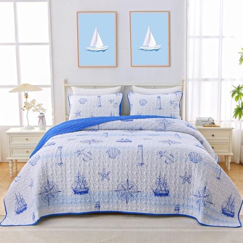 Coastal Nautical Quilt Set, Queen Size Beach Coverlet Blue Watchtower Sailboat Compass Bedspread, Ocean Beach Themed Bed Cover Microfiber Soft Lightweight bedding sets for All Seasons (248 x 228 cm) von Heymybed