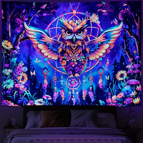 Heynvioo Schwarzlicht-Eulen-Wandteppich, UV-reaktiv, psychedelische Eulen-Wandteppiche, Trippy-Traumfänger-Wandteppich, Blumen-Tapisserie, Wandbehang, Dekoration für Zuhause Heynvioo Schwarzlicht-Eulen-Wandteppich, UV-reaktiv, psychedelische Eulen-Wandteppiche, Trippy-Traumfänger-Wandteppich, Blumen-Tapisserie, Wandbehang, Dekoration für Zuhause von Heynvioo