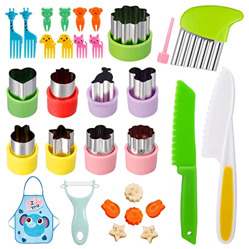 Heyu-Lotus 25 Stück Obst Gemüse Ausstechformen Edelstahl Cookie Ausstecher Mini Gemüseschneider Set Kinder mit Wellenschneider,10 Stück Karikatur Zahnstocher, Kindermesser, Kinderschürze von Heyu-Lotus