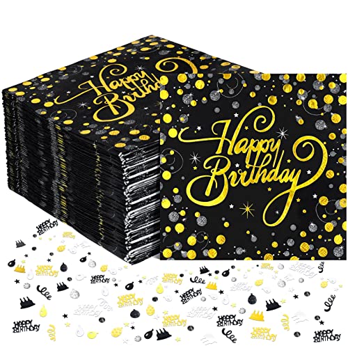 Heyu-Lotus 60 Stück Happy Birthday Servietten Schwarz Gold 33x33cm mit 15g Geburtstag Konfetti für Party Deko von Heyu-Lotus