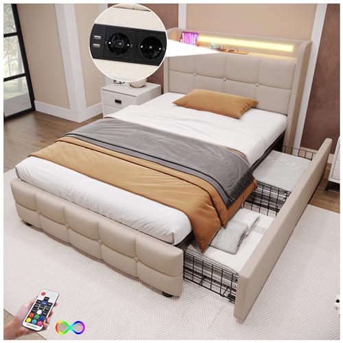 Hezezoiy Bett mit USB und LED, mit 2 Schubladen, Bett 90 x 200 cm mit Lattenrost, Bettgestell, Lattenrost aus Holz, Beige (ohne Matratze) von Hezezoiy