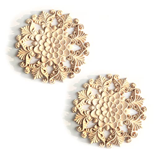 Hezhou 2PCS Holz Ornament Holzornamente für Möbel Vintage Deko Geschnitztes Holz Skulptur Applique Onlay Lange Geschnitzte Holzschnitzerei Applikation Unbemalte für Möbel (Rund) von Hezhou