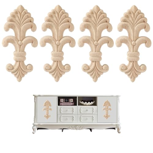 Hezhou 4 Stück Holzapplikation Wandornamente Schnitzerei Dekoration Vintage Holz Geschnitzt Ornamente Möbel Appliques (Rautenform) von Hezhou