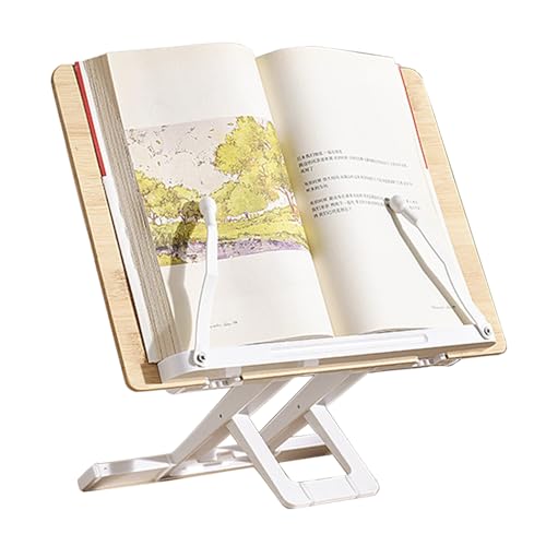 Buchständer zum Lesen, Bambus-Rezept-Kochbuchhalter für Küche, verstellbarer Buchhalter mit Seitenclips für Notenblätter, Rezepte, Zeitschriften, Laptop (Original Holz + Weiß) von Hggzeg