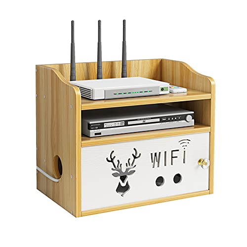 Hggzeg Router Aufbewahrungsbox Mehrschichtige Desktop Holz WiFi Storage Rack mit Shutter Set-Top-Box Fernbedienung Netzkabel Steckdose Storage Shelf(Jlo5, Kirschholz) von Hggzeg