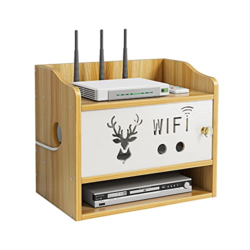 Hggzeg Router Aufbewahrungsbox Mehrschichtige Desktop Holz WiFi Storage Rack mit Shutter Set-Top-Box Fernbedienung Netzkabel Steckdose Storage Shelf(Jlo5-2, Kirschholz) von Hggzeg