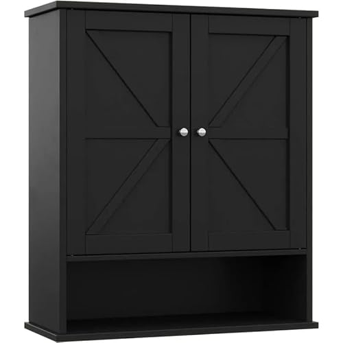 Medizinschrank mit Spiegel Zweitüriger Wandschrank aus Holz, Medizinschrank, wandmontierter Badezimmer-Aufbewahrungsschrank Badezimmerschrank zur Wandmontage(Schwarz) von Hhaoran-9868