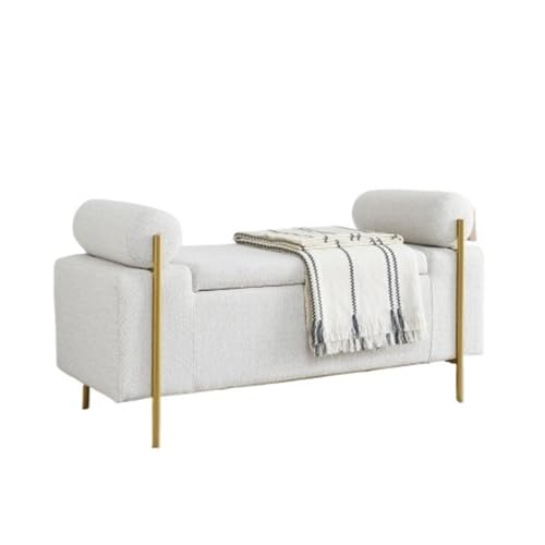Hhmmei2024-23 Hocker am Bettende Elegante gepolsterte Aufbewahrungsbank aus Leinen mit zylindrischen Armlehnen und Eisenbeinen for Flur, Wohnzimmer, Schlafzimmer(Weiß) von Hhmmei2024-23