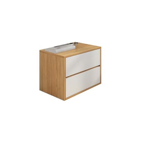 Modern Aktenschrank mit zwei Schubladen, Nachttisch in Weiß + Original-Holzfarbe, Aufbewahrungsschrank aus Massivholz for Wohnzimmer, Schlafzimmer, Arbeitszimmer, Bücher, Lampen usw. Schlafzimmer von Hhmmei2024-23