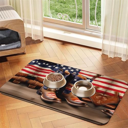 Amerikanische Flagge mit Cowboystiefeln, saugfähige Tischdecke, spezielles Pad für Futternäpfe, rollbar zur Aufbewahrung, ideal für Futternäpfe Amerikanische Flagge mit Cowboystiefeln, saugfähige Tischdecke, spezielles Pad für Futternäpfe, rollbar zur Aufbewahrung, ideal für Futternäpfe von Hhwwtye