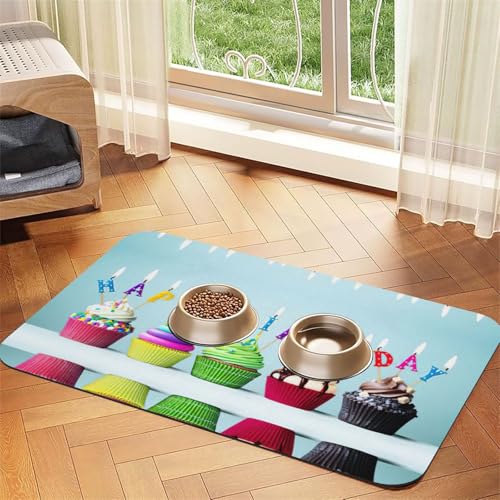 Bunte Happy Birthday Cupcakes Druck Haustier saugfähige Tischdecke, spezielles Pad für Futternapf, rollbar zur Aufbewahrung, ideal für Futternäpfe von Hhwwtye